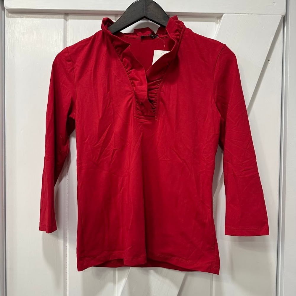 J.McLaughlin Womens Durham Top Size XS Holiday Red Ruffle Neck 3/4 Sleeve NEW